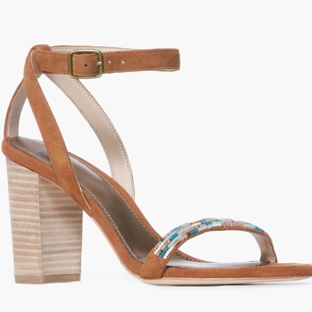 PAIGE New Brown Suede Block Heel Ankle Strap Beads